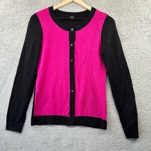 TALBOTS Colorblock Merino Wool Cardigan S Small Pink Black Classic Sweater Twee